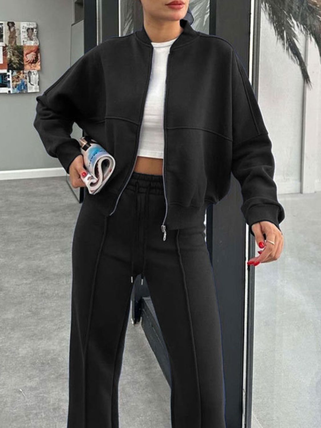Conjunto de ropa exterior con cuello de béisbol, cremallera y pantalones con cordón