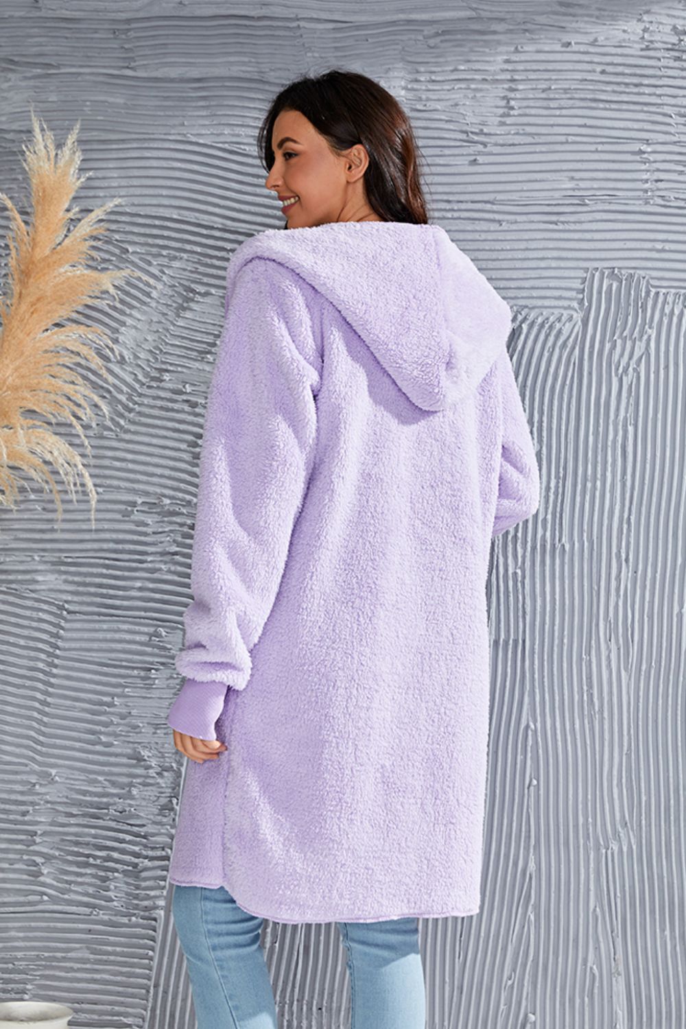 Double Take Full Size Hooded Teddy Bear Jacket with Thumbholes - Celeste