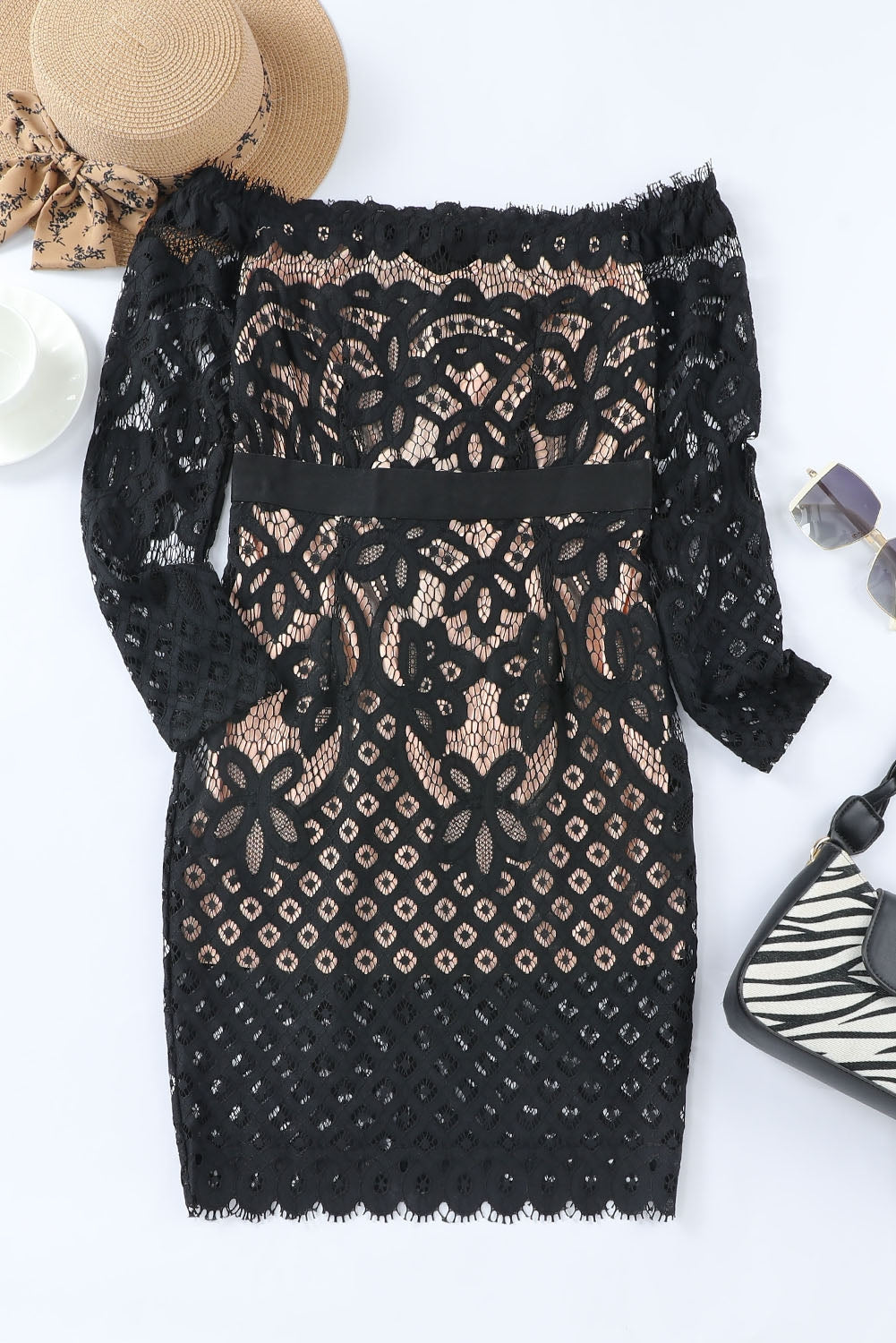 Off-Shoulder Long Sleeve Lace Dress - Celeste