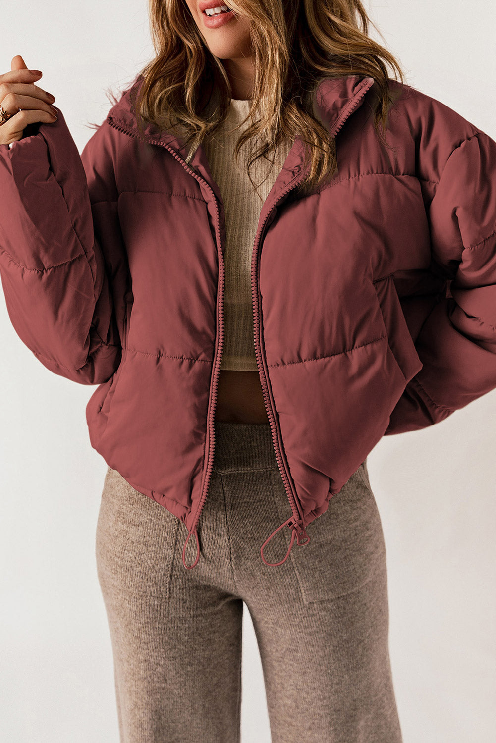 Zip Up Collared Neck Long Sleeve Winter Coat - Celeste