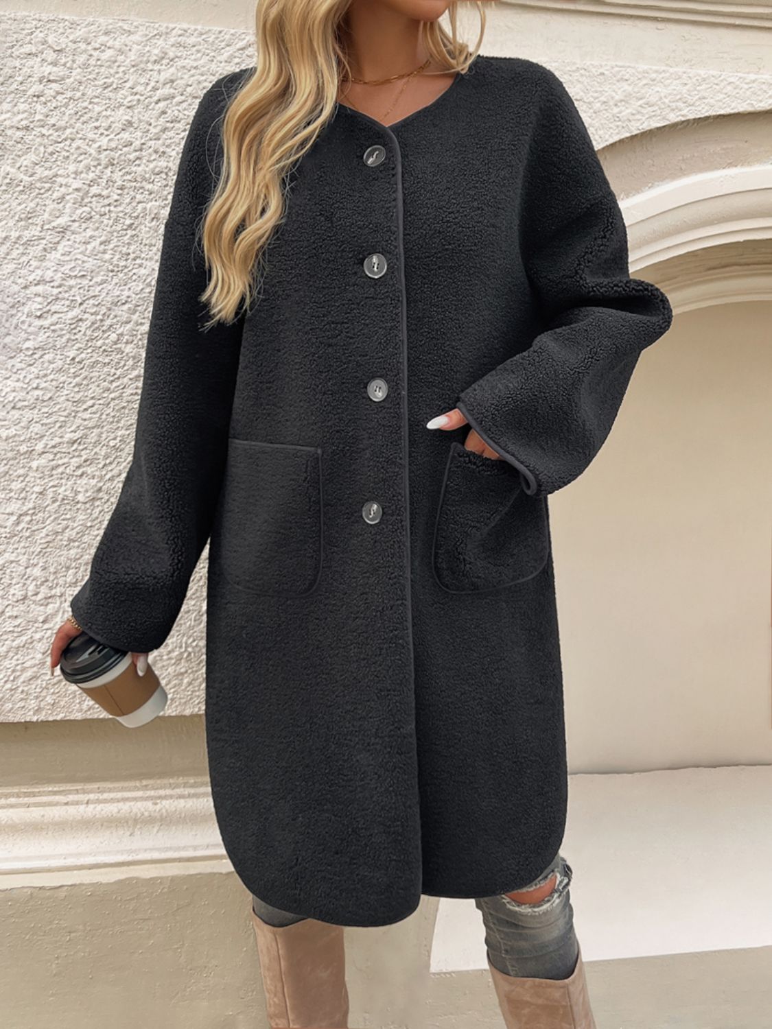 Devine Button Up Long Sleeve Coat - Celeste