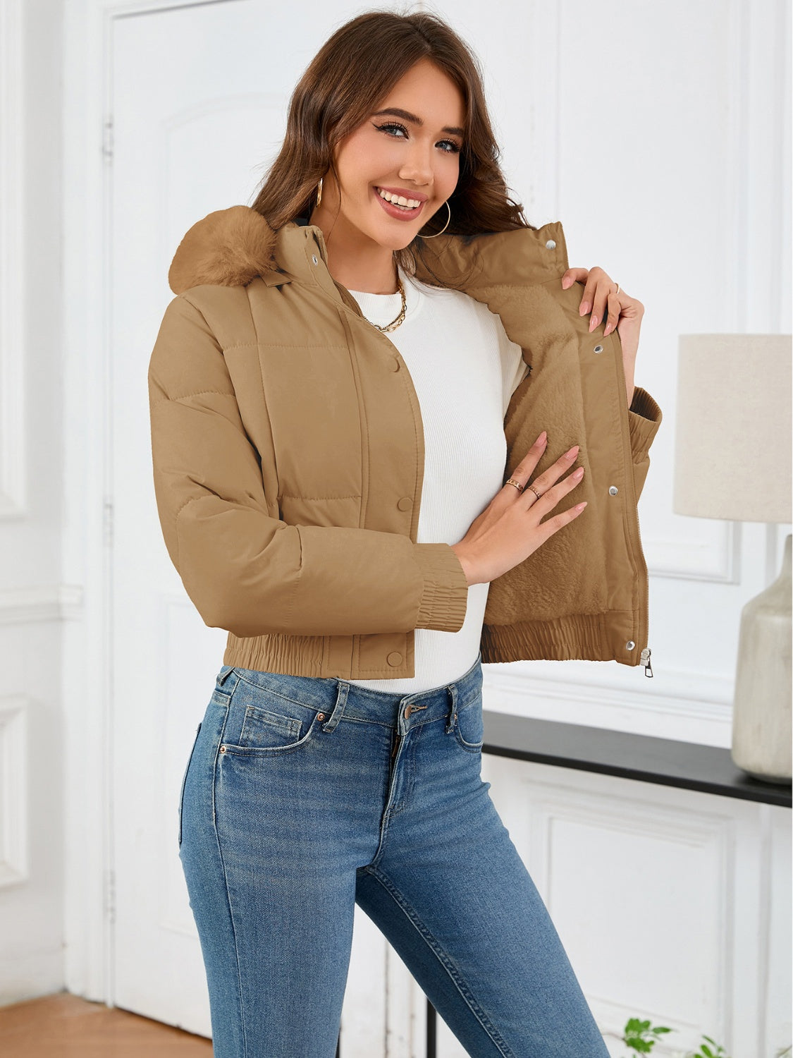 Pocketed Long Sleeve Cropped Hooded Winter Coat - Celeste