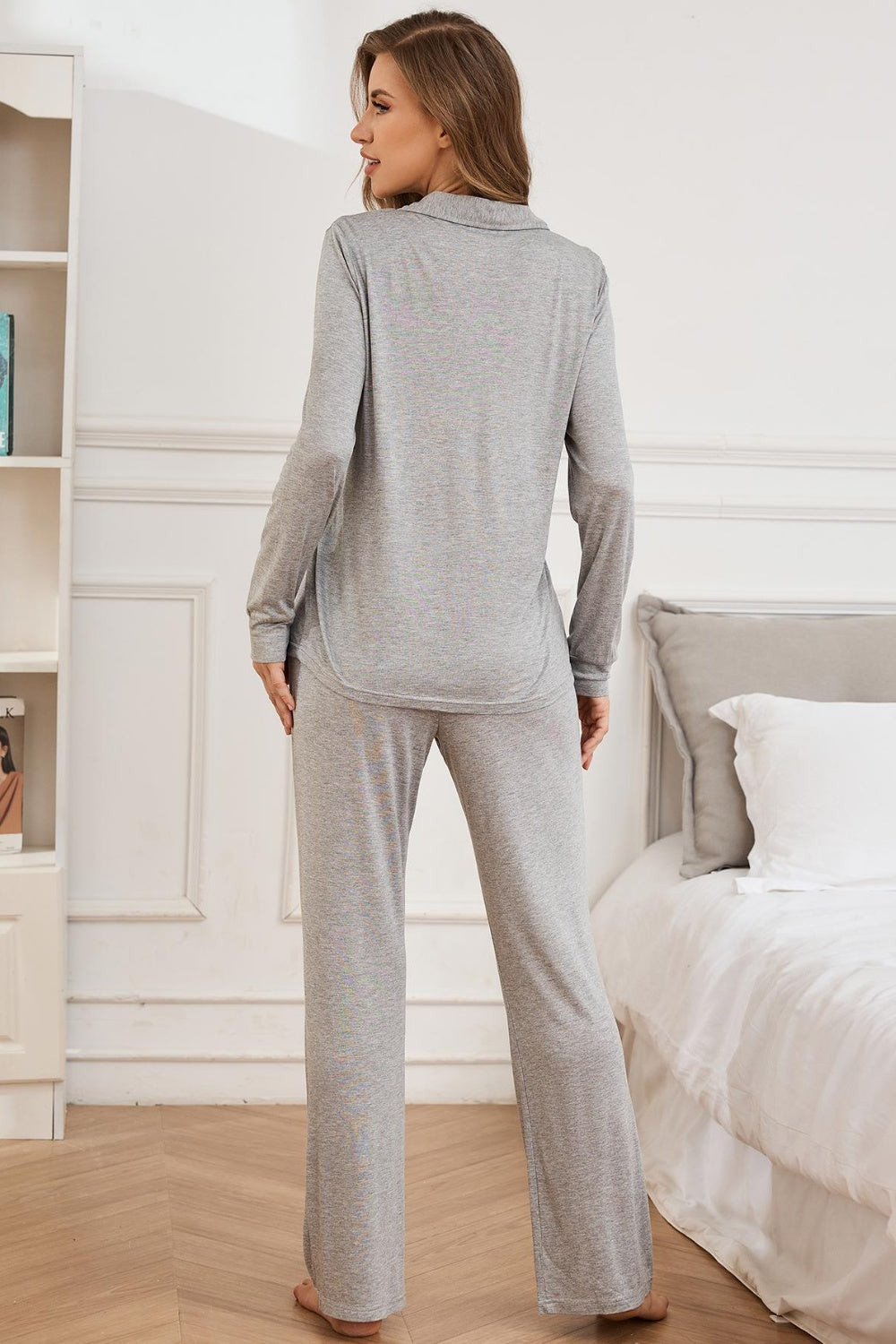 Button Up Long Sleeve Top and Pants Lounge Set - Celeste