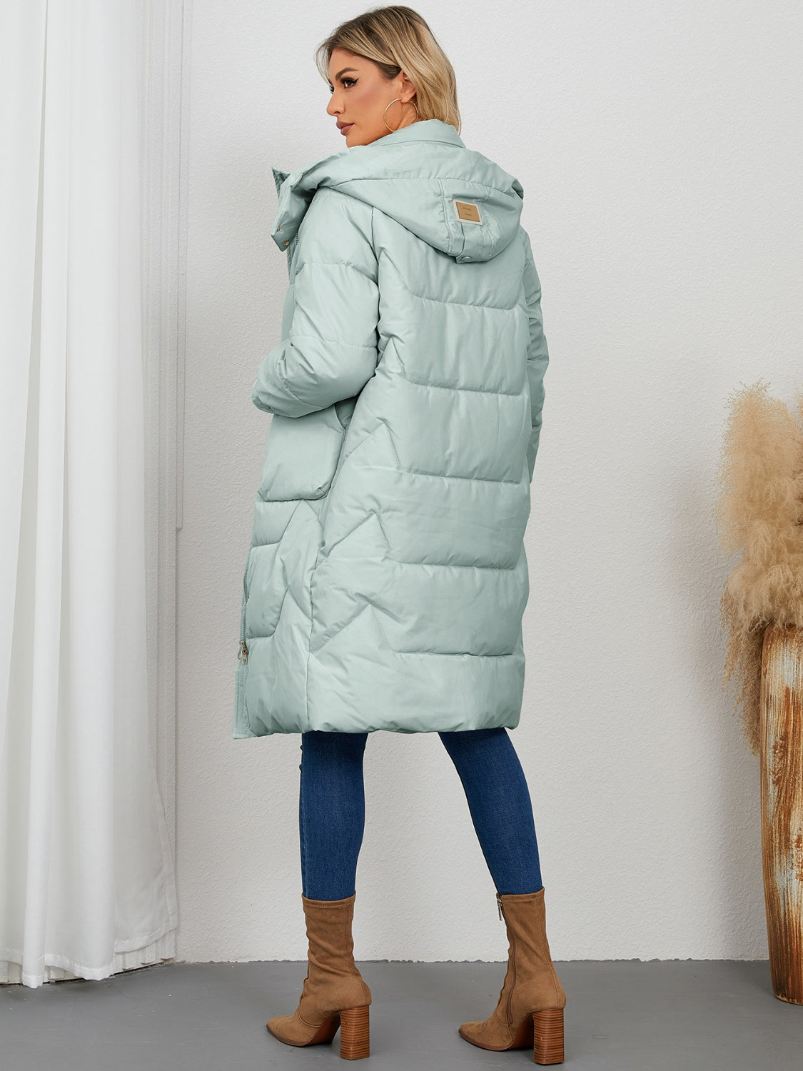 Long Sleeve Longline Hooded Winter Coat - Celeste