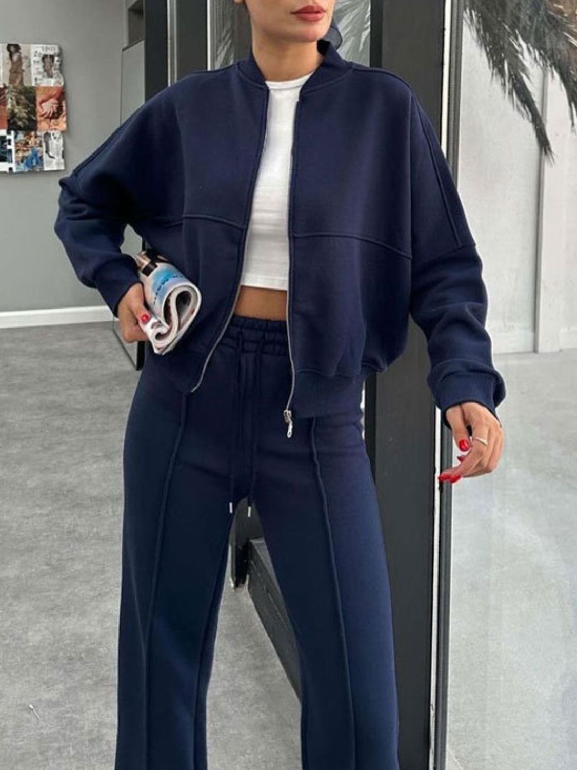 Conjunto de ropa exterior con cuello de béisbol, cremallera y pantalones con cordón