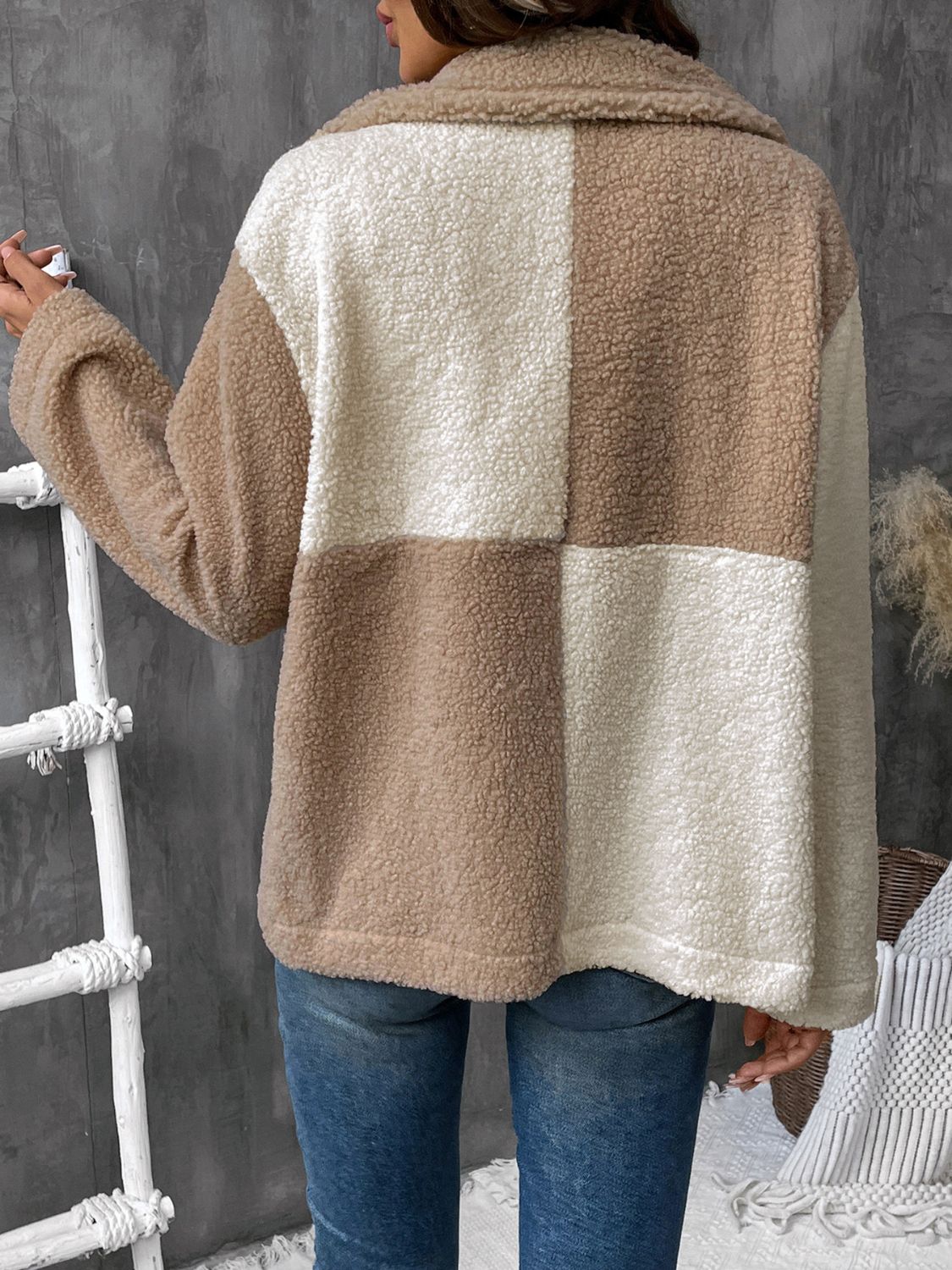 Perfee Color Block Collared Neck Long Sleeve Jacket - Celeste