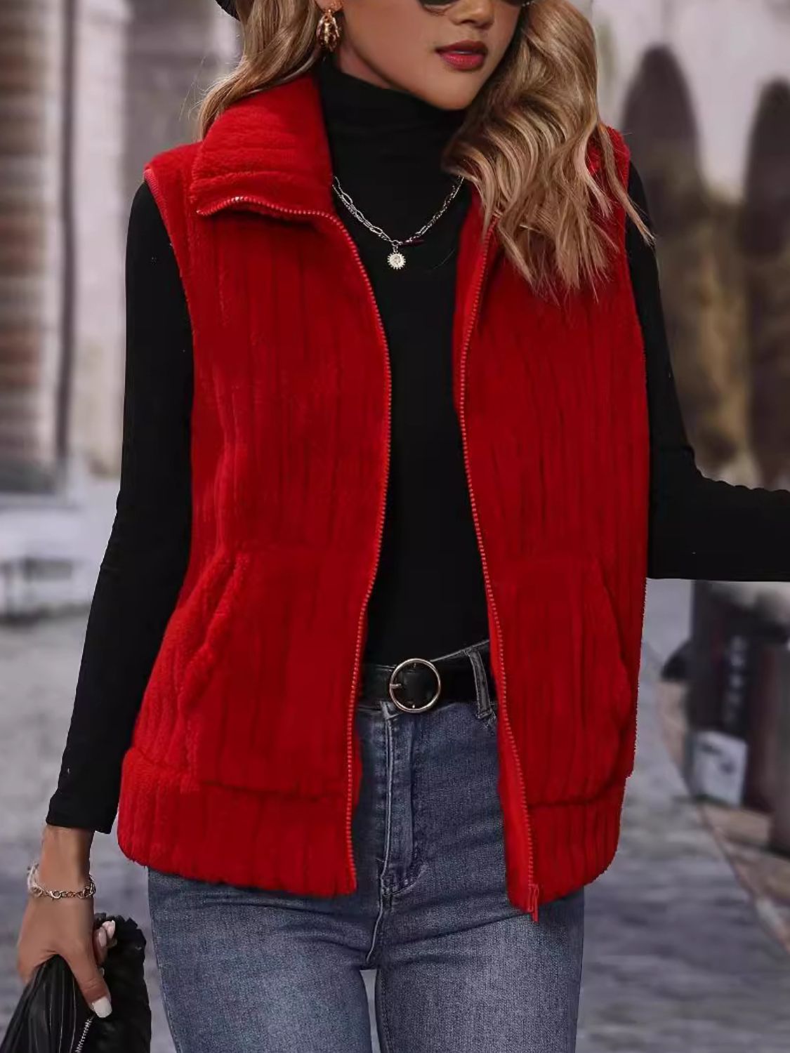Pocketed Zip Up Vest Coat - Celeste