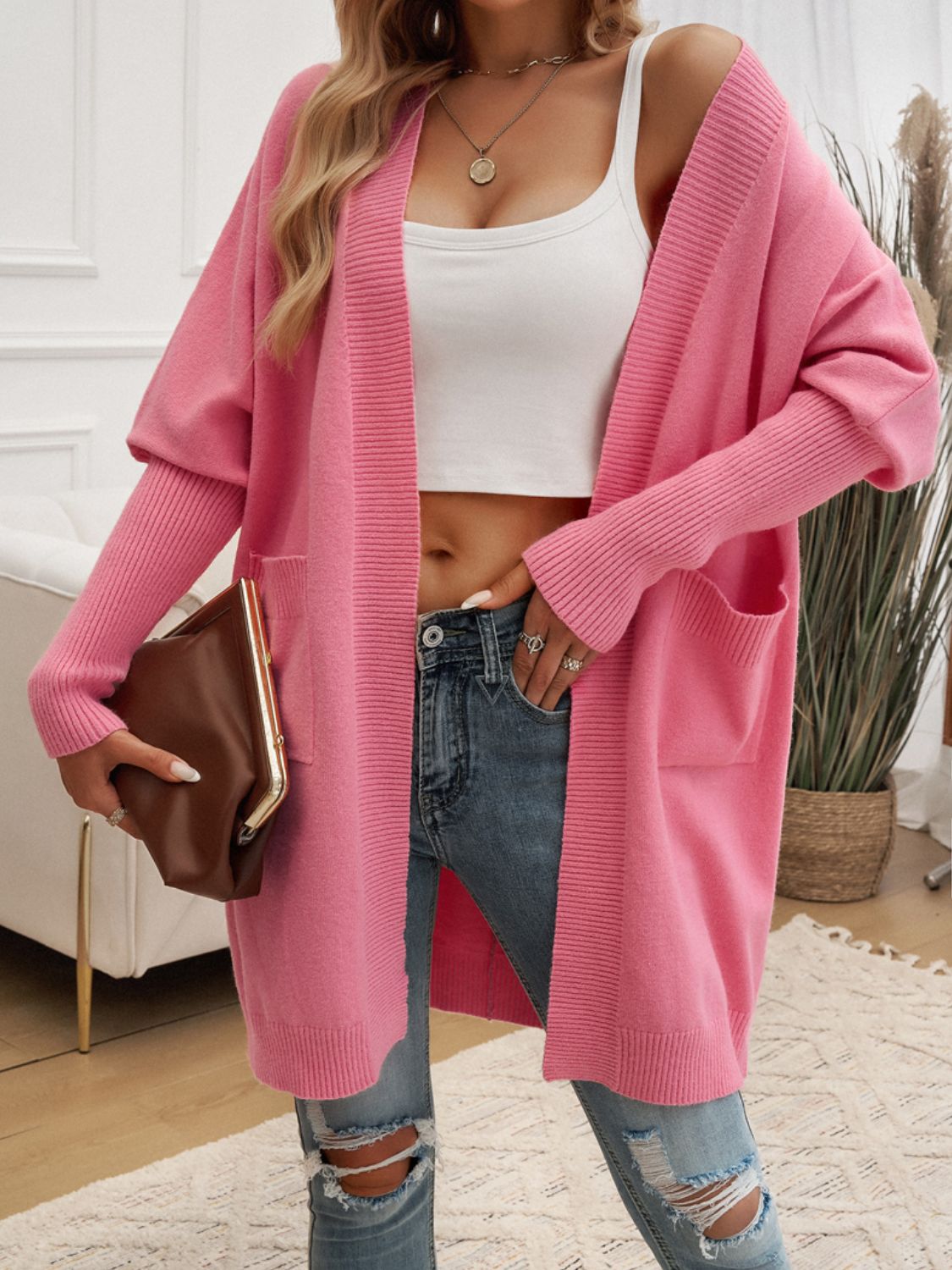Devine Open Front Long Sleeve Cardigan - Celeste