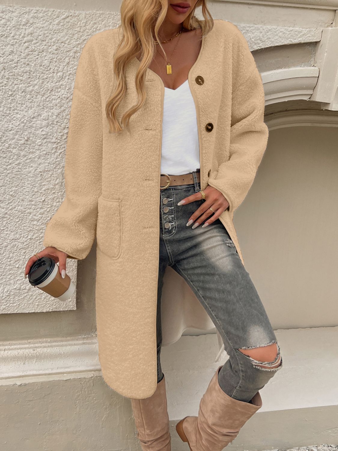 Devine Button Up Long Sleeve Coat - Celeste
