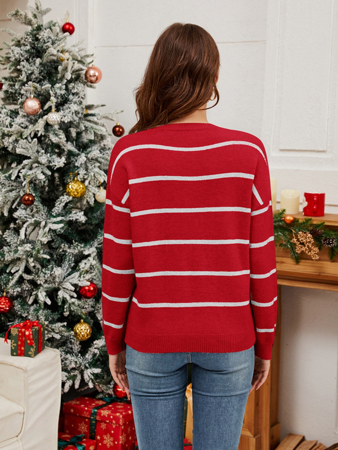 Sequin Santa Striped Round Neck Long Sleeve Sweater - Celeste