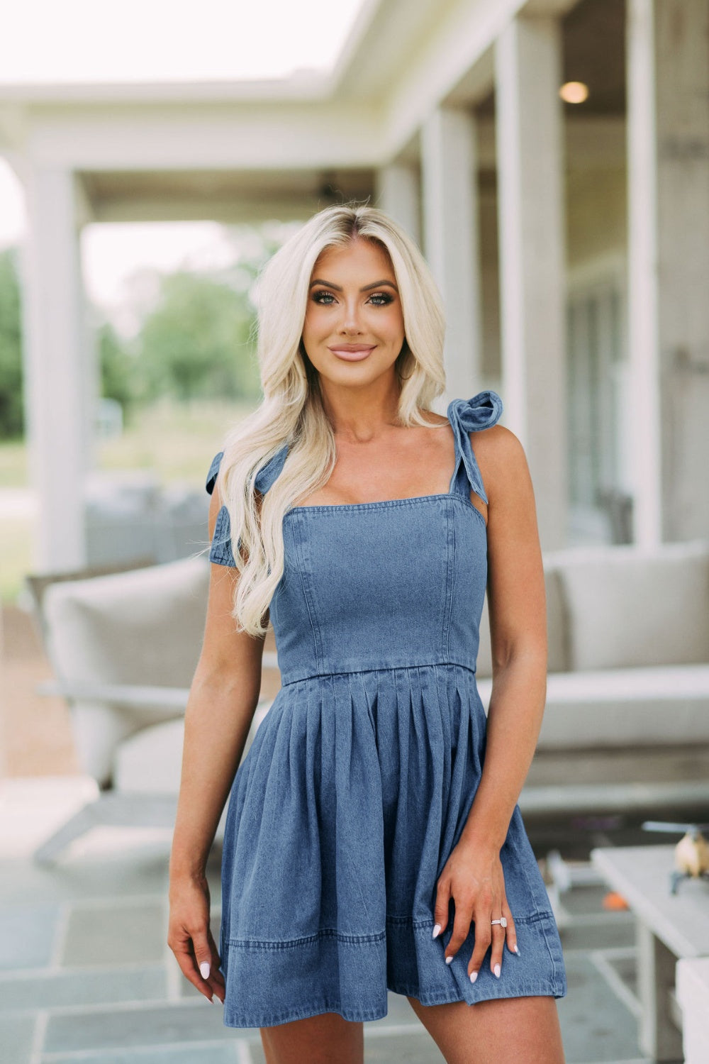 Square Neck Tie Shoulder Denim Dress - Celeste