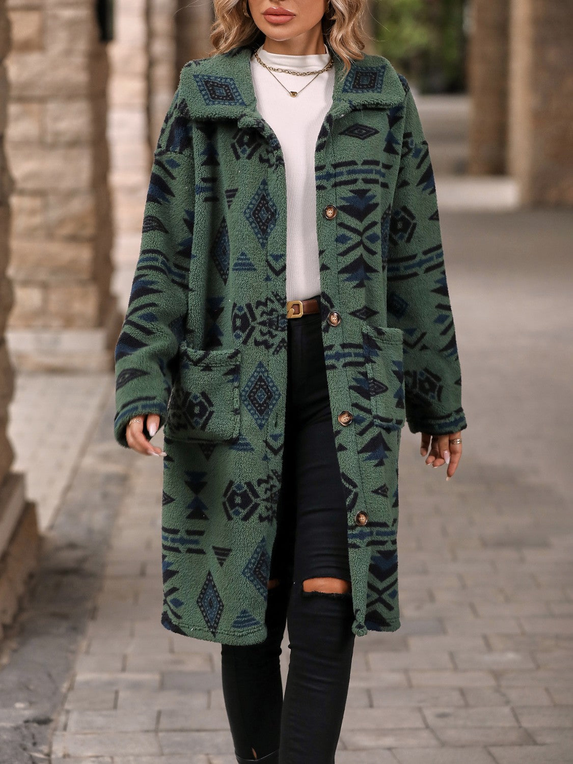 Geometric Pocketed Dropped Shoulder Coat - Celeste