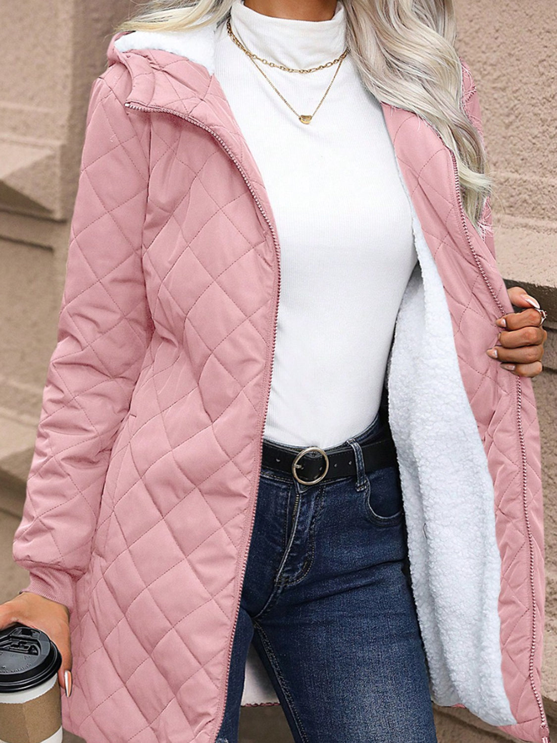 Quilted Zip Up Hooded Jacket with Pockets - Celeste
