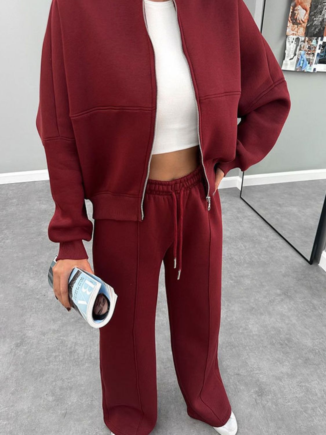 Conjunto de ropa exterior con cuello de béisbol, cremallera y pantalones con cordón