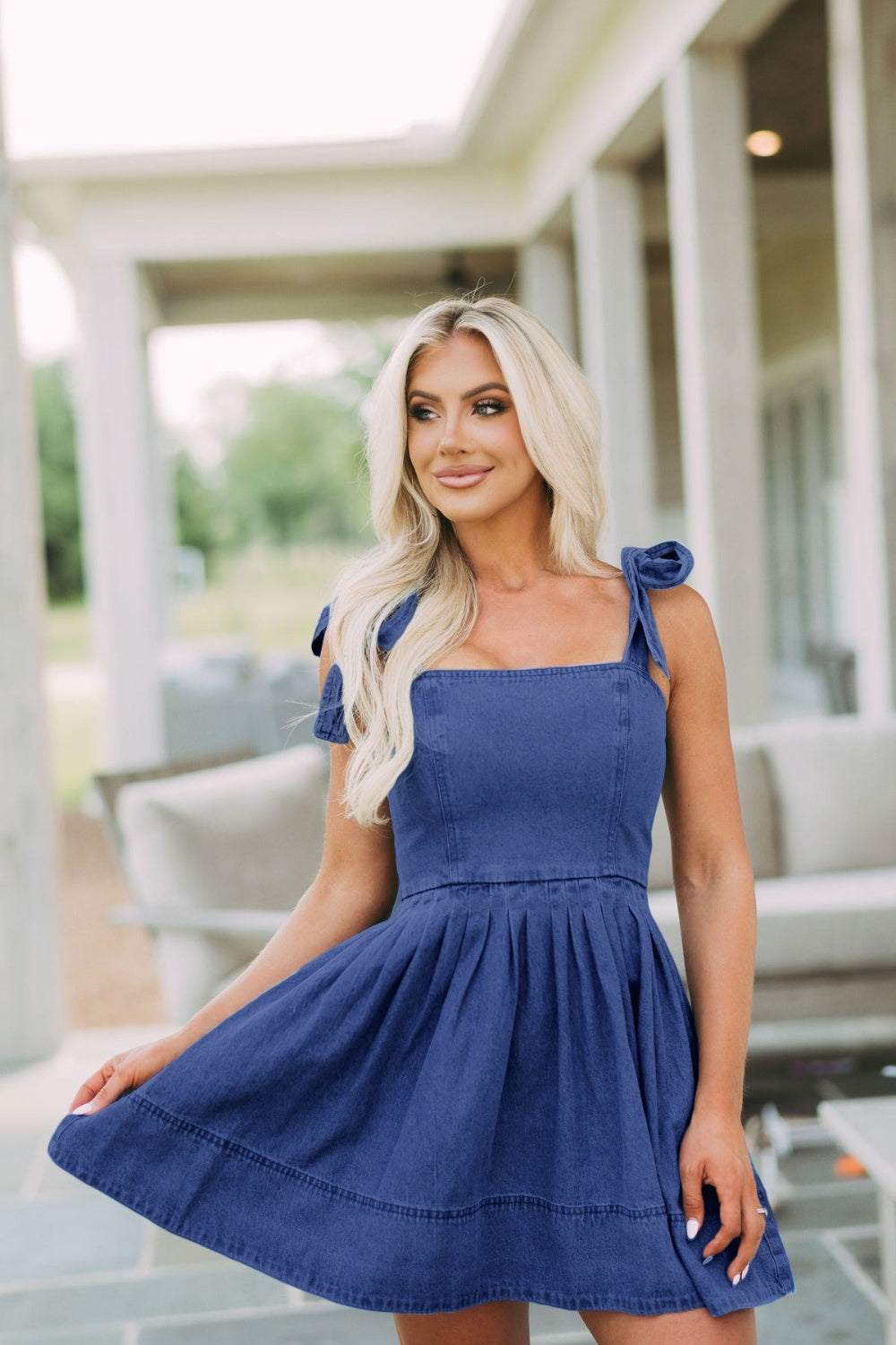 Square Neck Tie Shoulder Denim Dress - Celeste