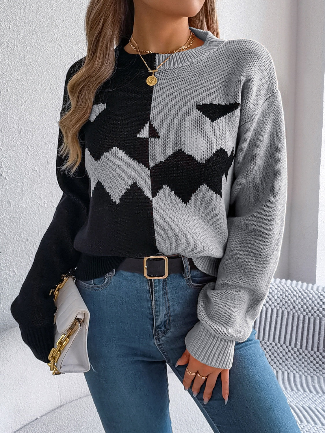 Contrast Round Neck Long Sleeve Sweater - Celeste