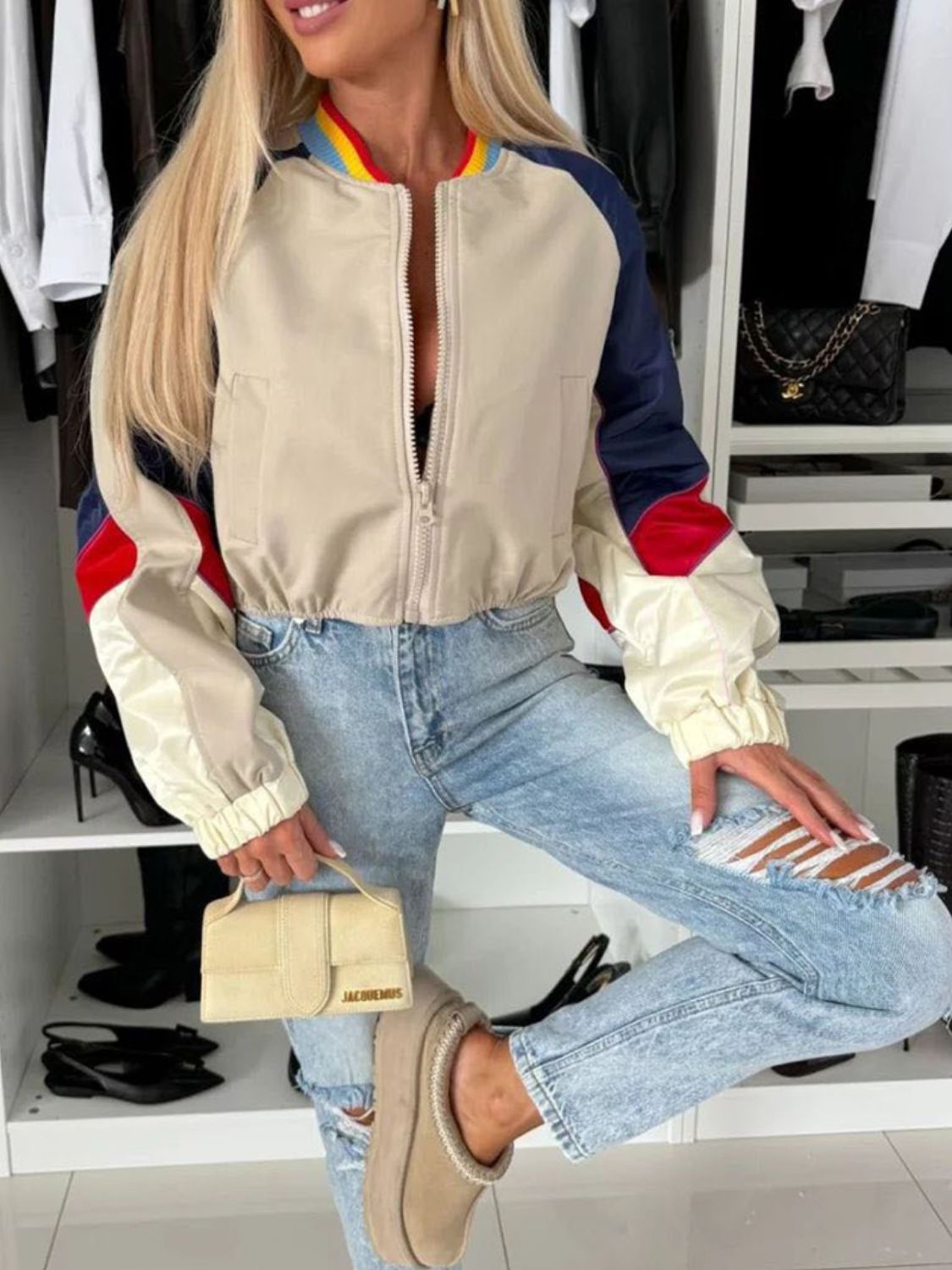 Contrast Baseball Collar Zip Up Long Sleeve Jacket - Celeste