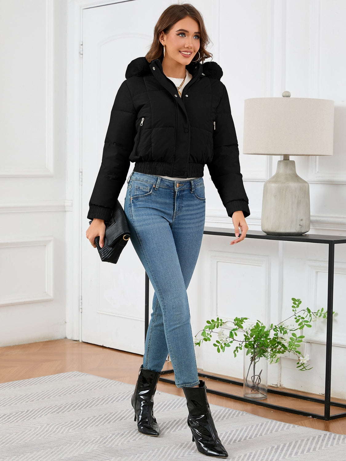 Pocketed Long Sleeve Cropped Hooded Winter Coat - Celeste