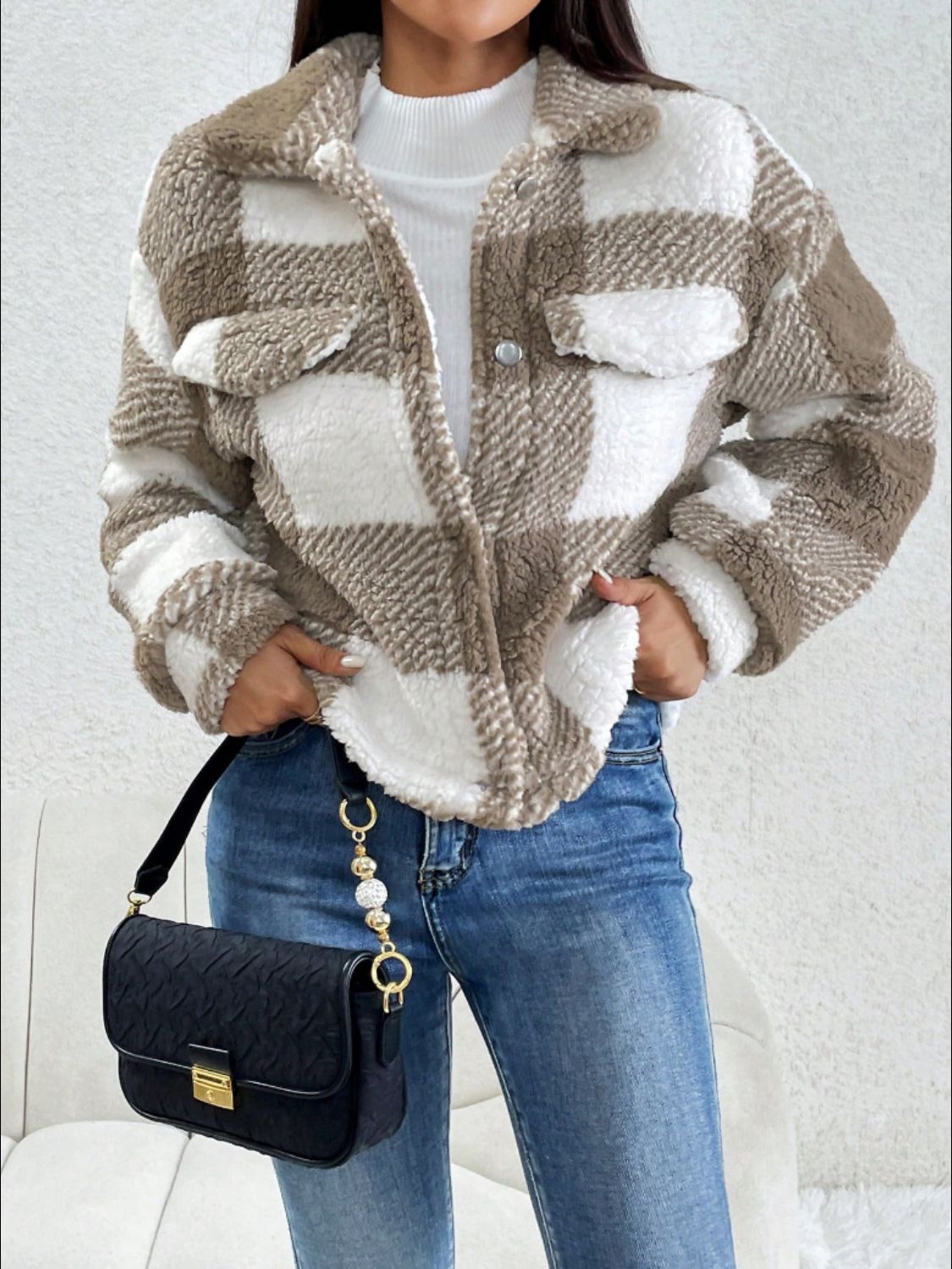 Decorative Pocket Flap Plaid Long Sleeve Jacket - Celeste