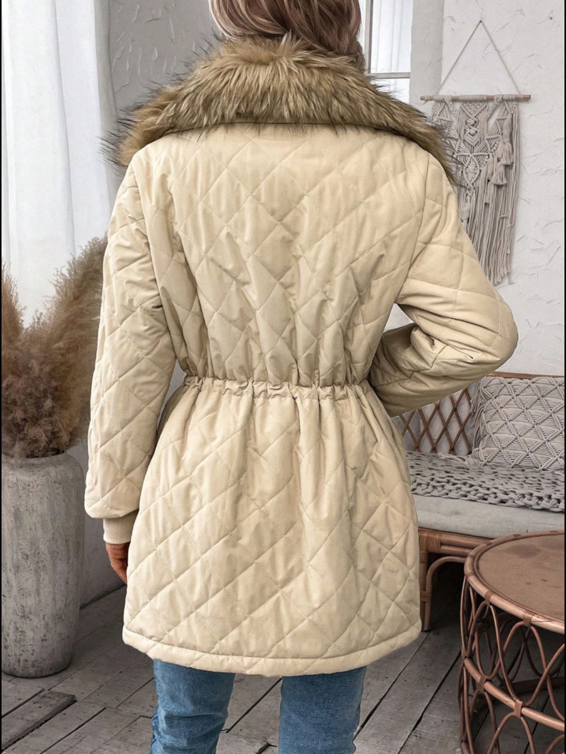 Drawstring Snap Down Long Sleeve Outerwear - Celeste