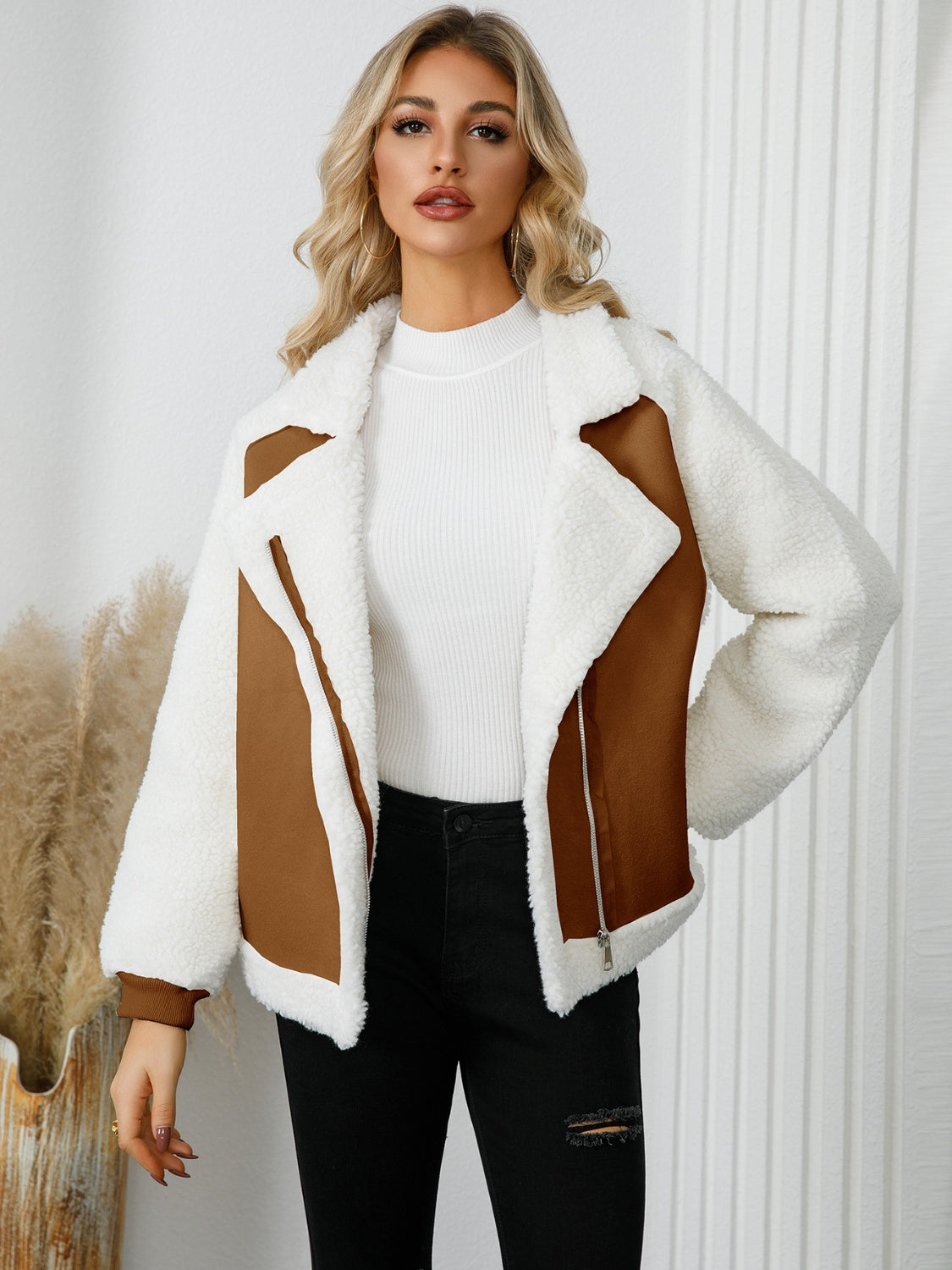 Pocketed Sherpa Zip Up Long Sleeve Jacket - Celeste