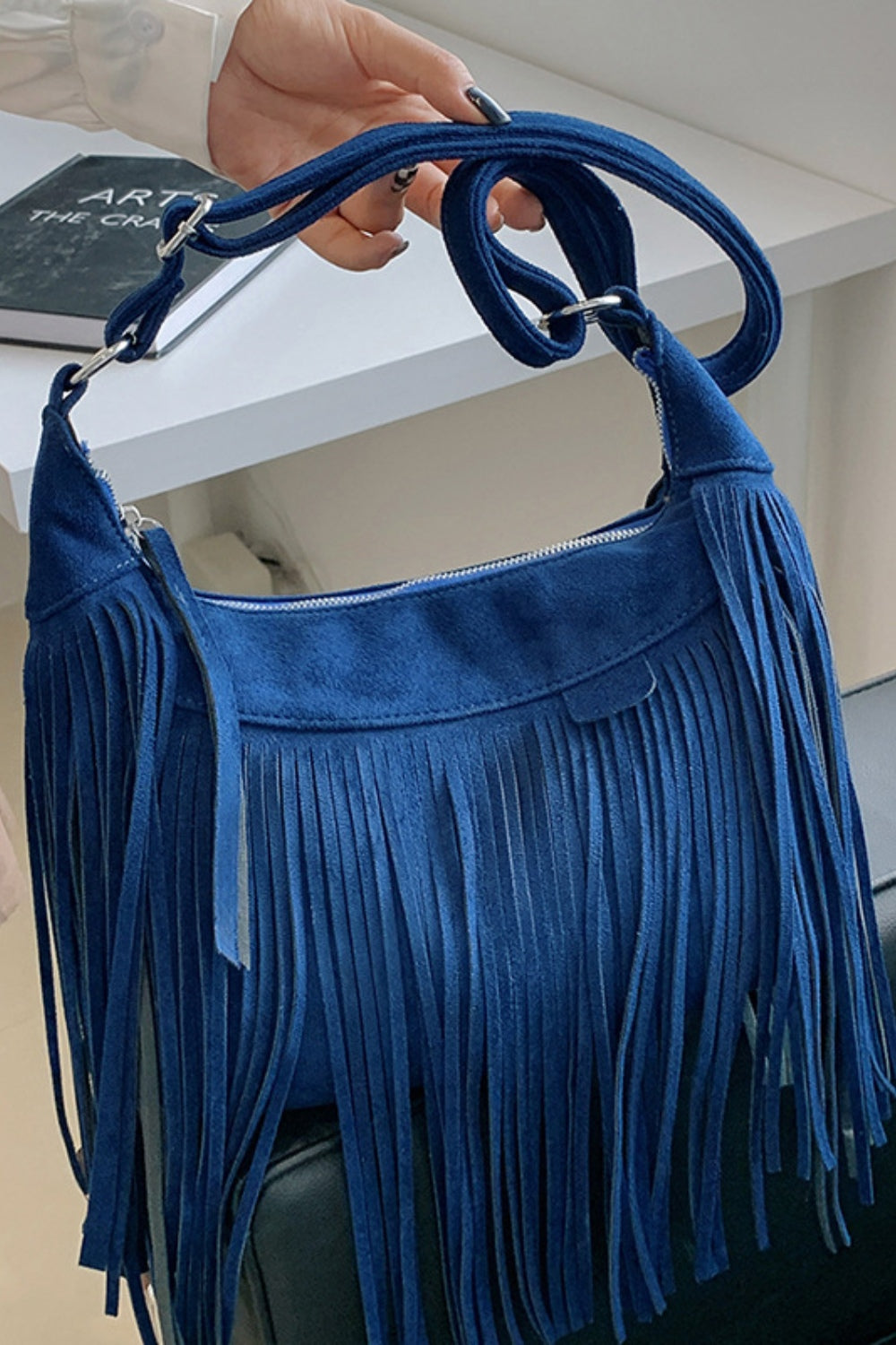 Suede Fringe Adjustable Strap Shoulder Bag - Celeste