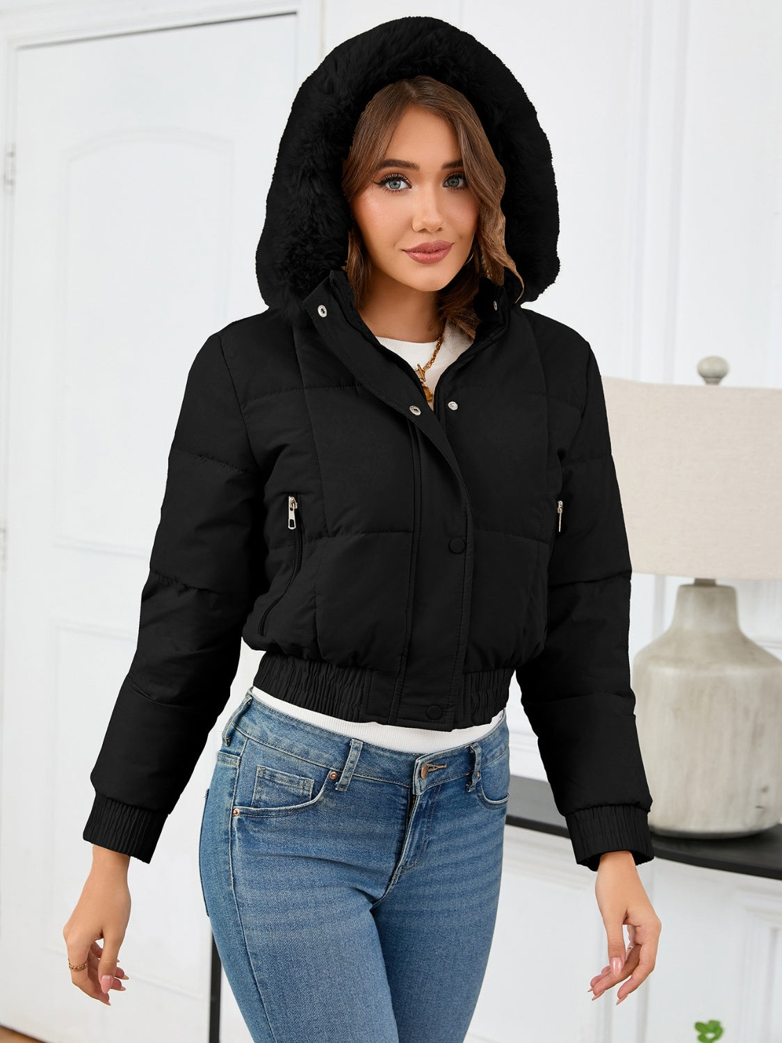 Pocketed Long Sleeve Cropped Hooded Winter Coat - Celeste