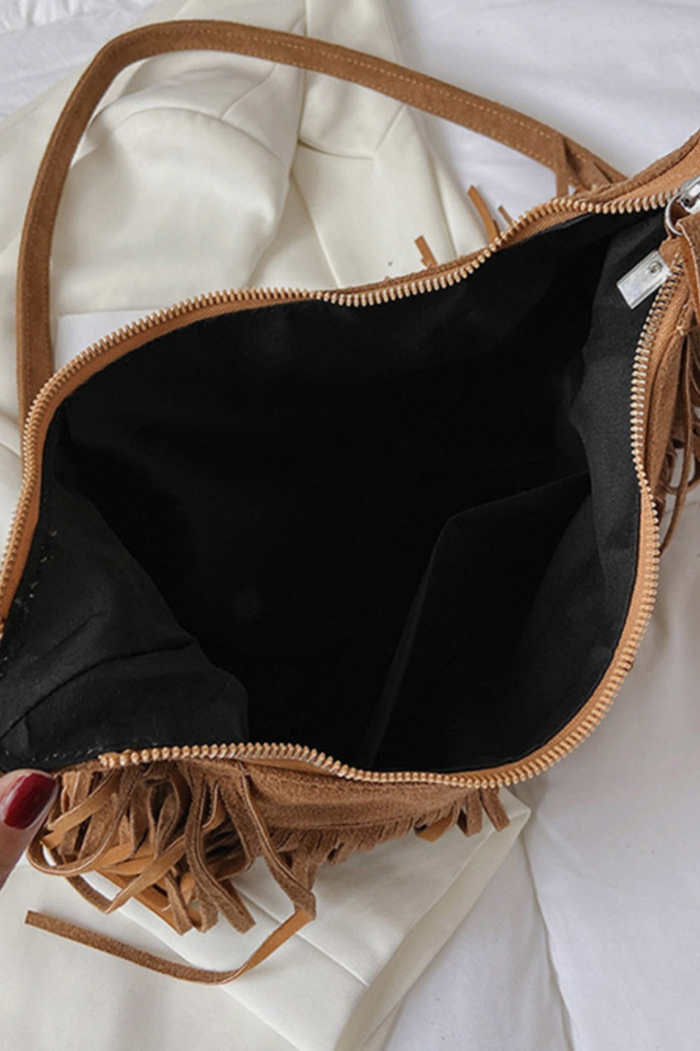Suede Fringe Adjustable Strap Shoulder Bag - Celeste