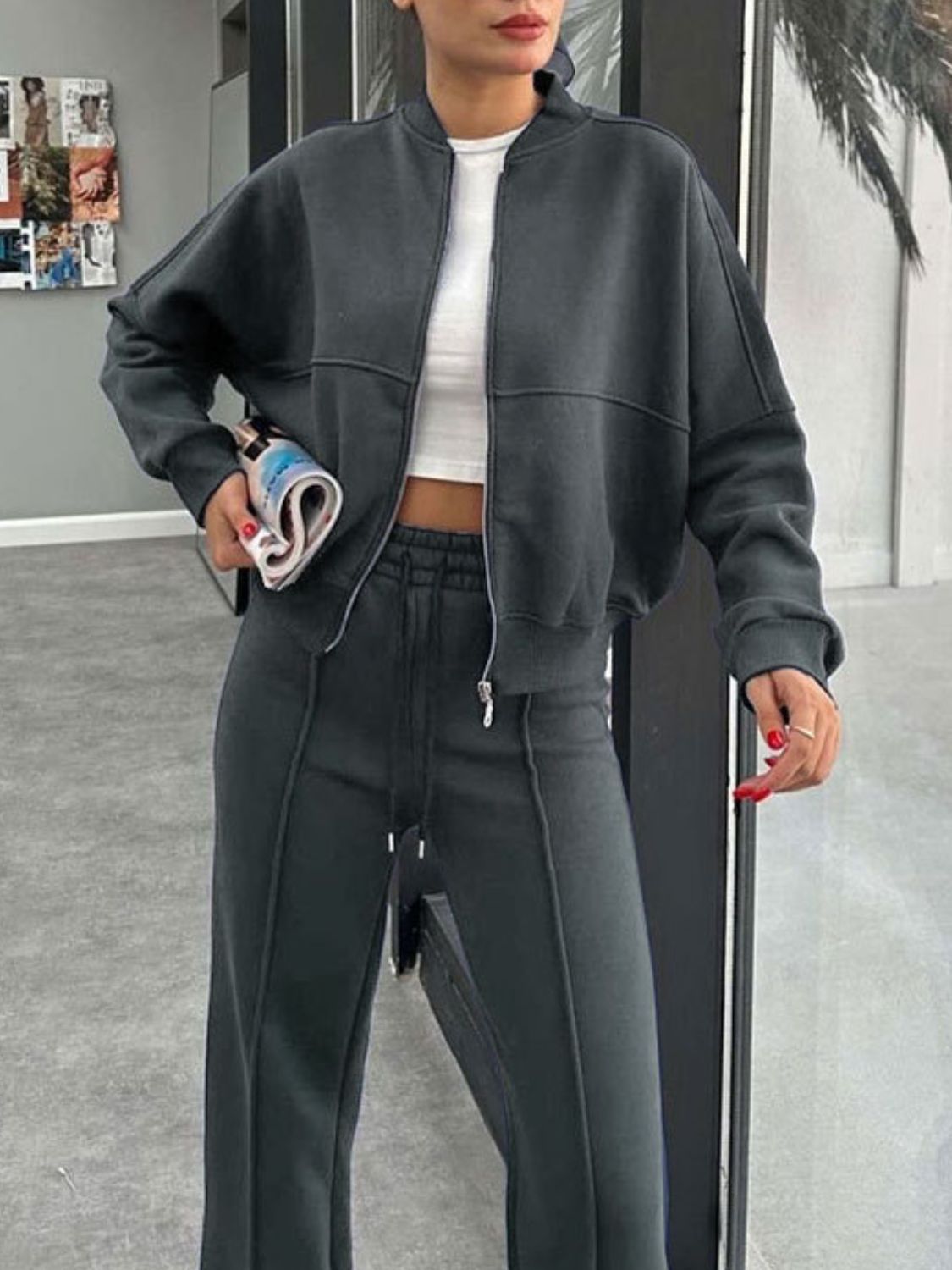 Conjunto de ropa exterior con cuello de béisbol, cremallera y pantalones con cordón