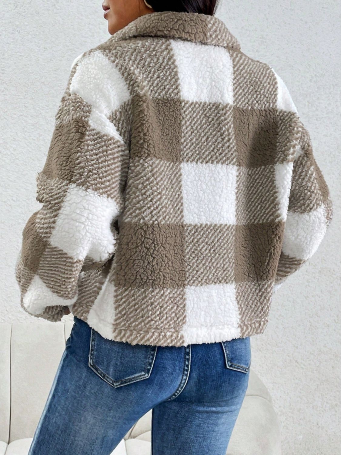 Decorative Pocket Flap Plaid Long Sleeve Jacket - Celeste
