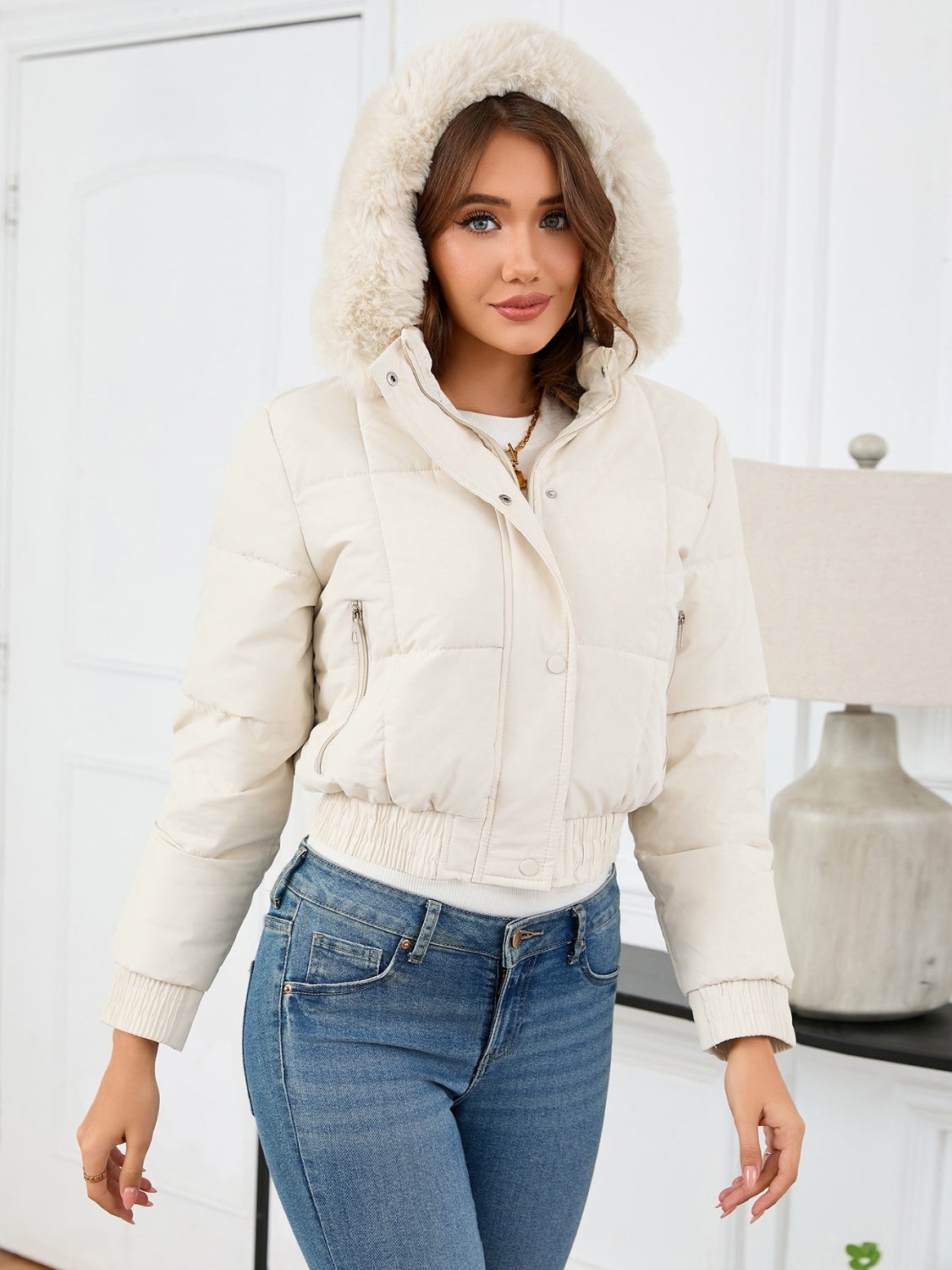 Pocketed Long Sleeve Cropped Hooded Winter Coat - Celeste