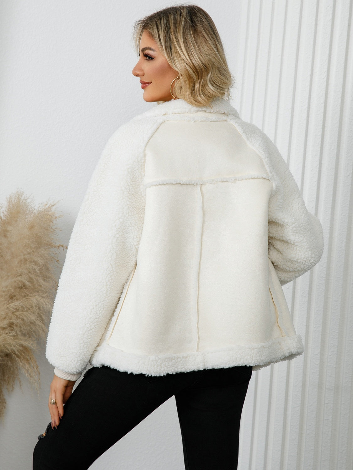 Pocketed Sherpa Zip Up Long Sleeve Jacket - Celeste
