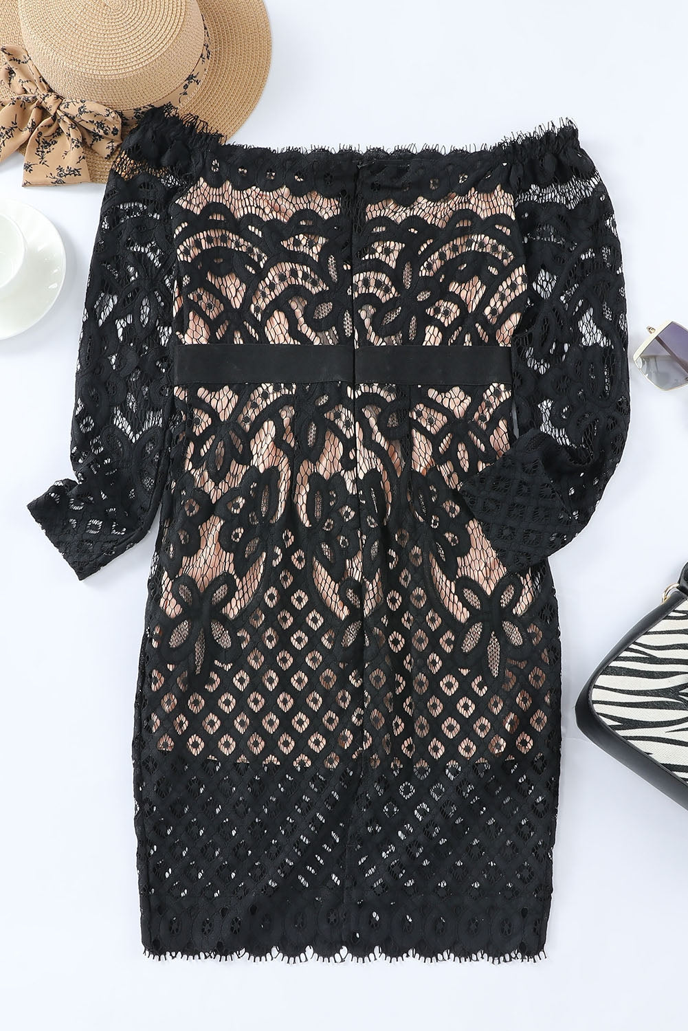 Off-Shoulder Long Sleeve Lace Dress - Celeste