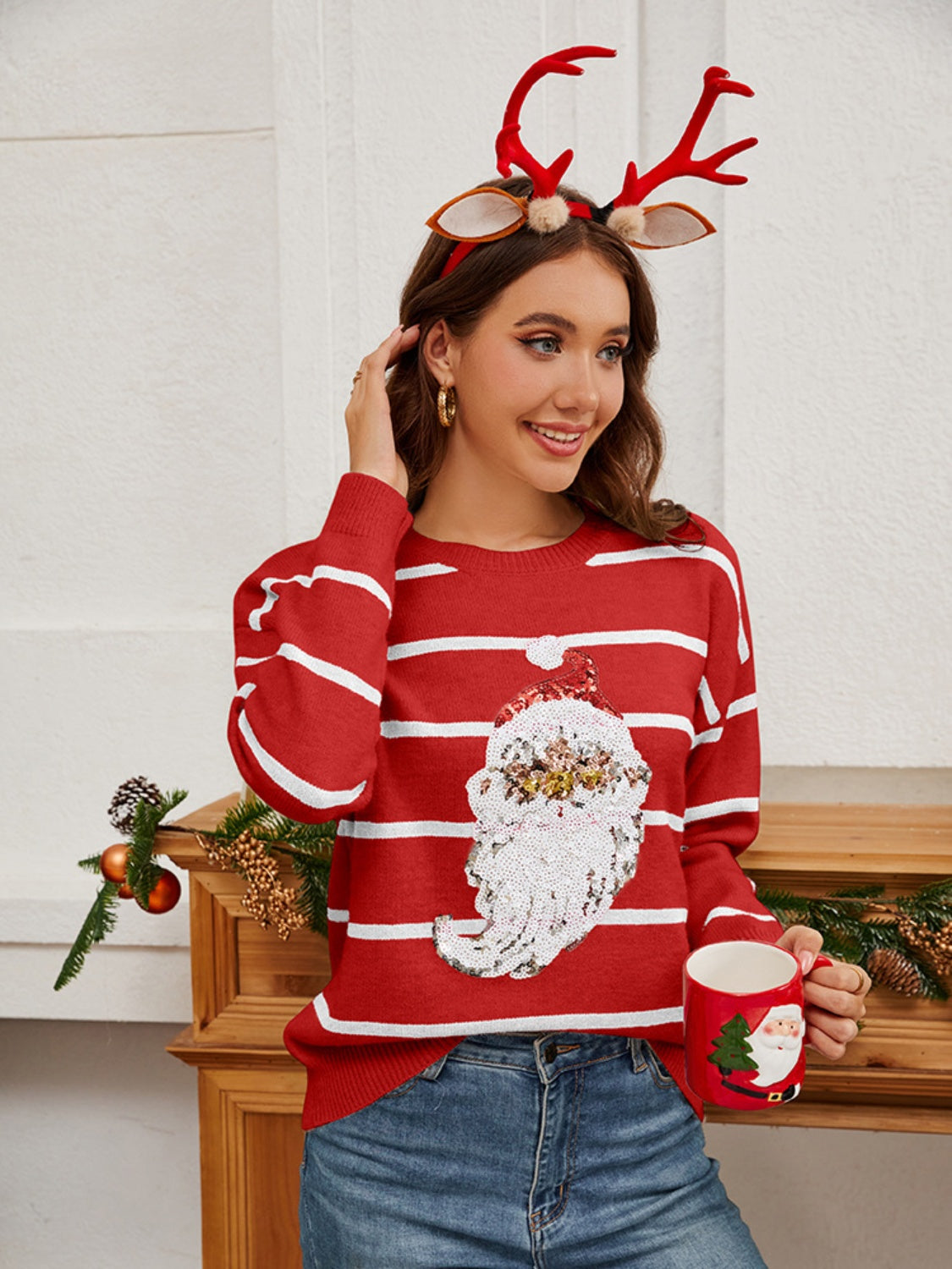 Sequin Santa Striped Round Neck Long Sleeve Sweater - Celeste