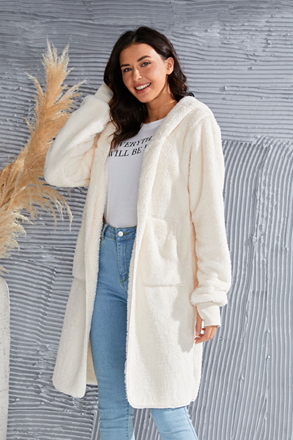 Double Take Full Size Hooded Teddy Bear Jacket with Thumbholes - Celeste