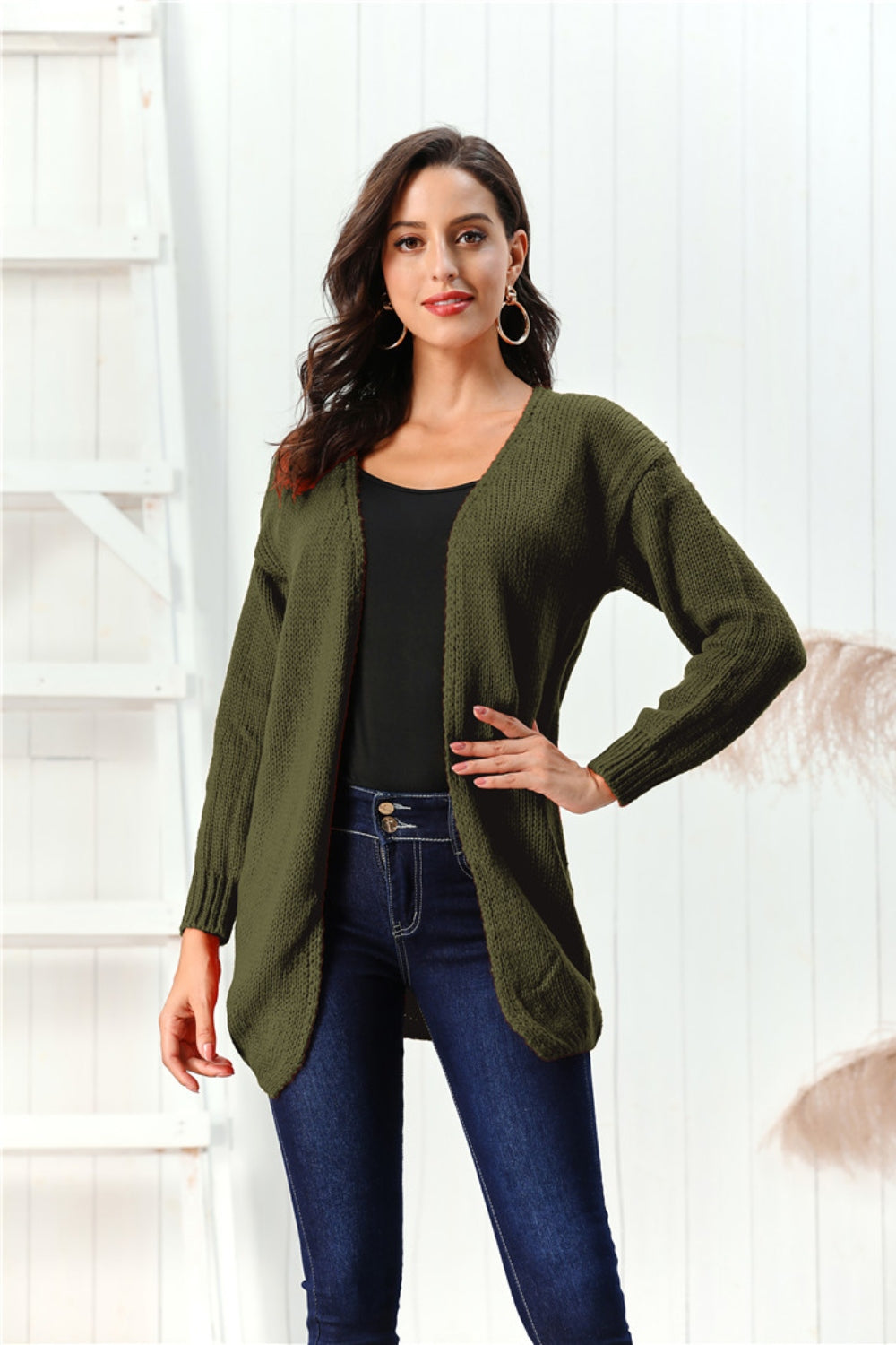 Open Front Long Sleeve Cardigan - Celeste