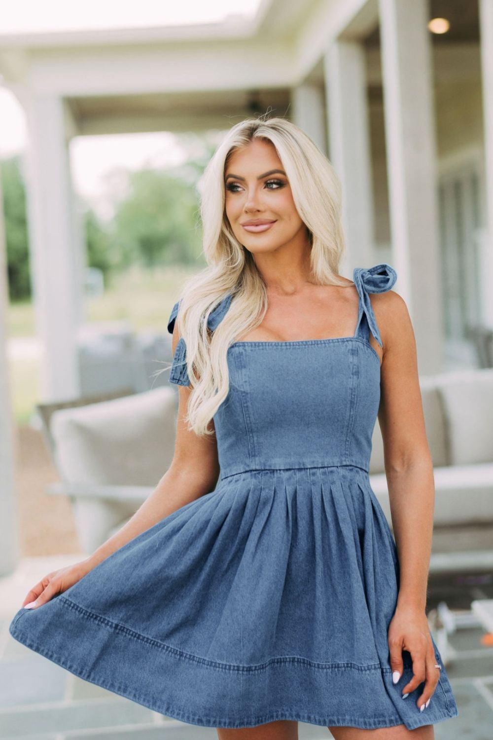 Square Neck Tie Shoulder Denim Dress - Celeste