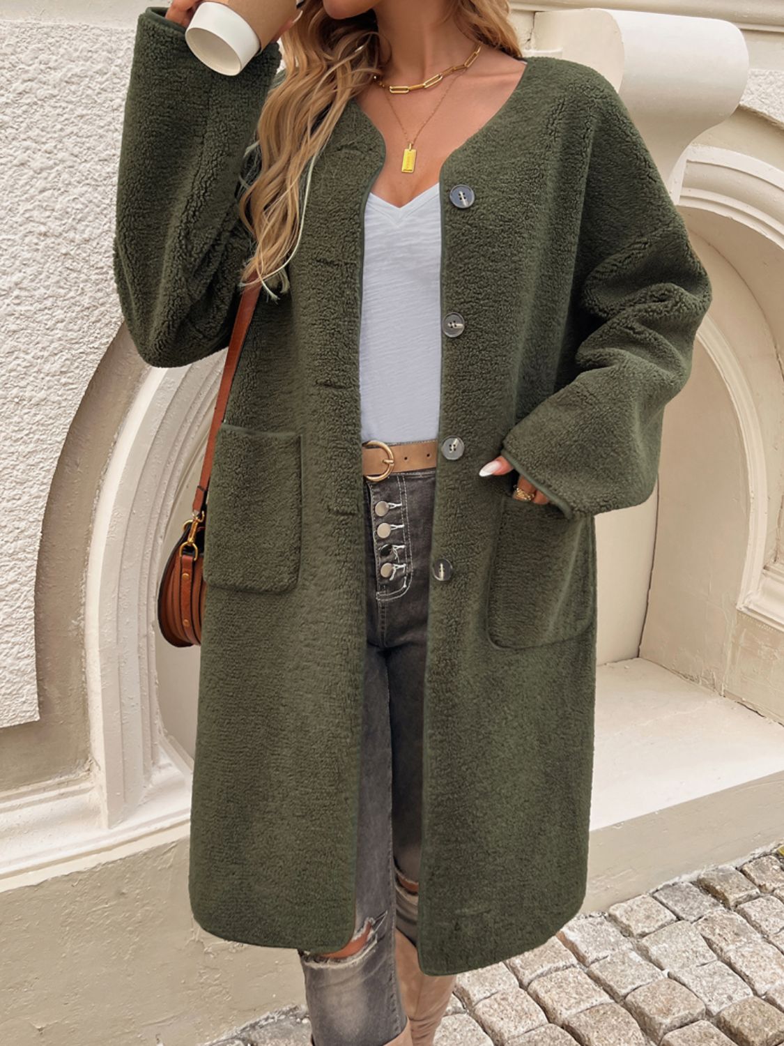 Devine Button Up Long Sleeve Coat - Celeste