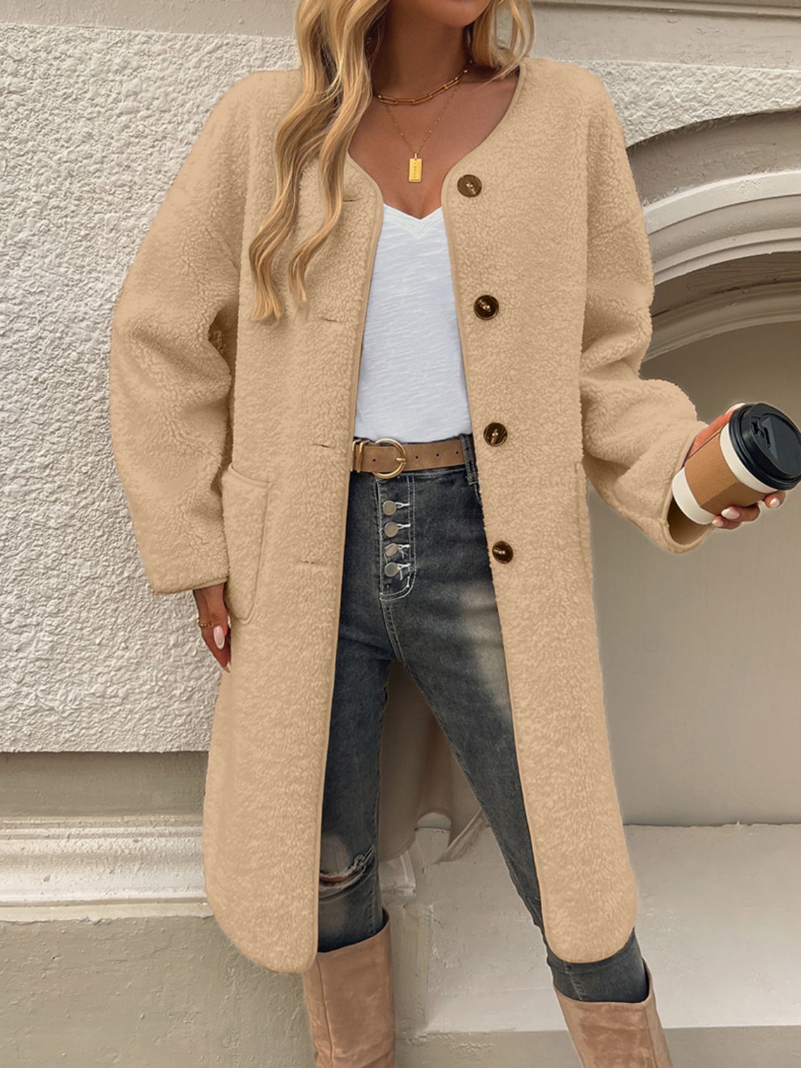 Devine Button Up Long Sleeve Coat - Celeste