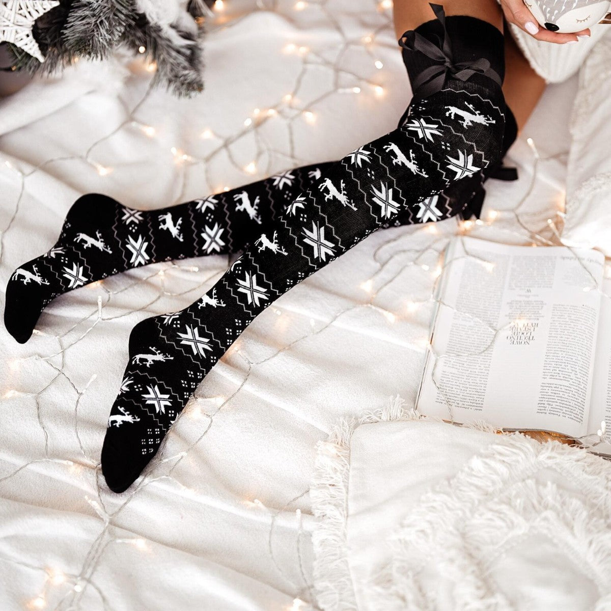 Christmas Element Bowknot Ribbed Trim Over Knee Stockings - Celeste