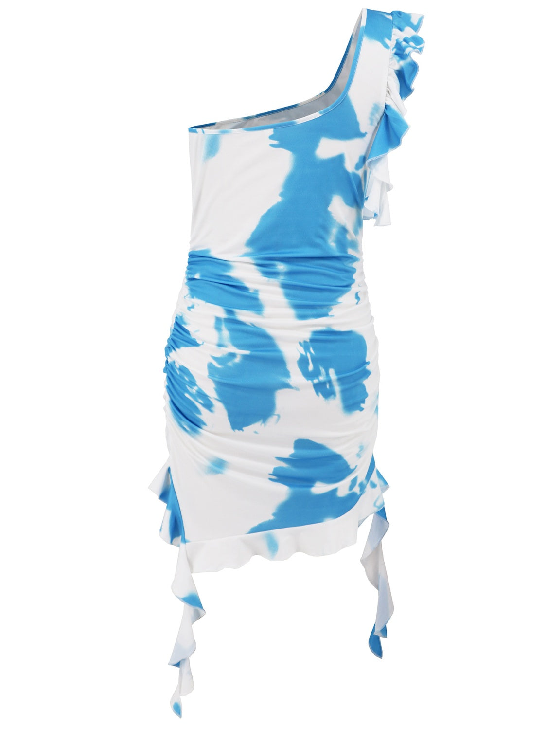 Ruffled Tie-Dye Single Shoulder Mini Dress - Celeste