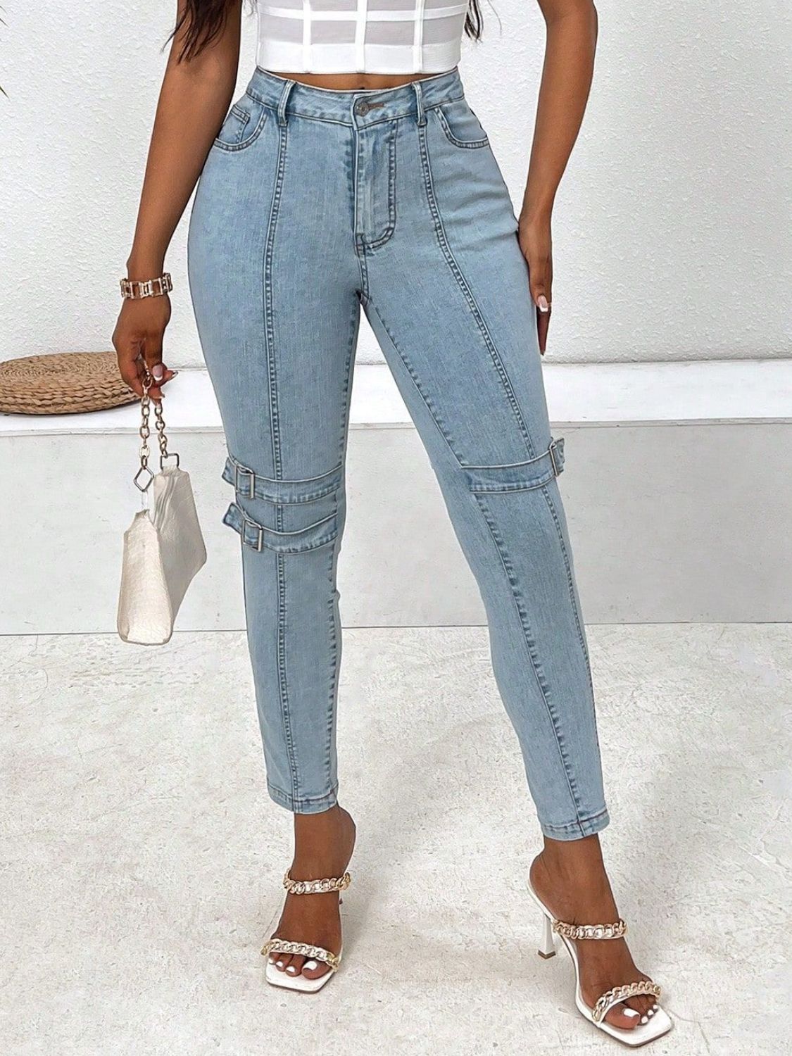 Decorative Buckle Skinny Jeans with Pockets - Celeste