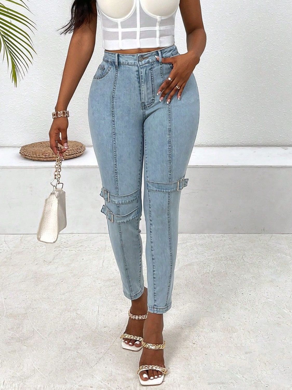 Decorative Buckle Skinny Jeans with Pockets - Celeste