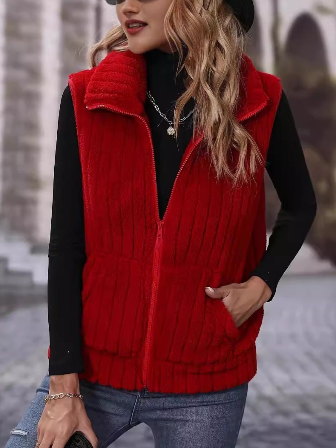 Pocketed Zip Up Vest Coat - Celeste