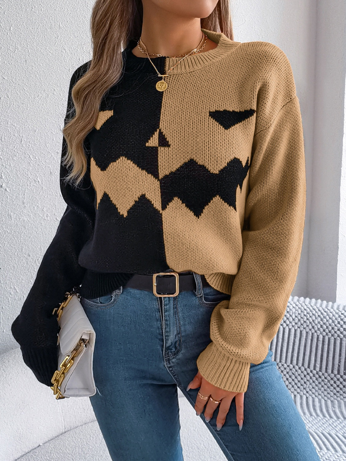 Contrast Round Neck Long Sleeve Sweater - Celeste