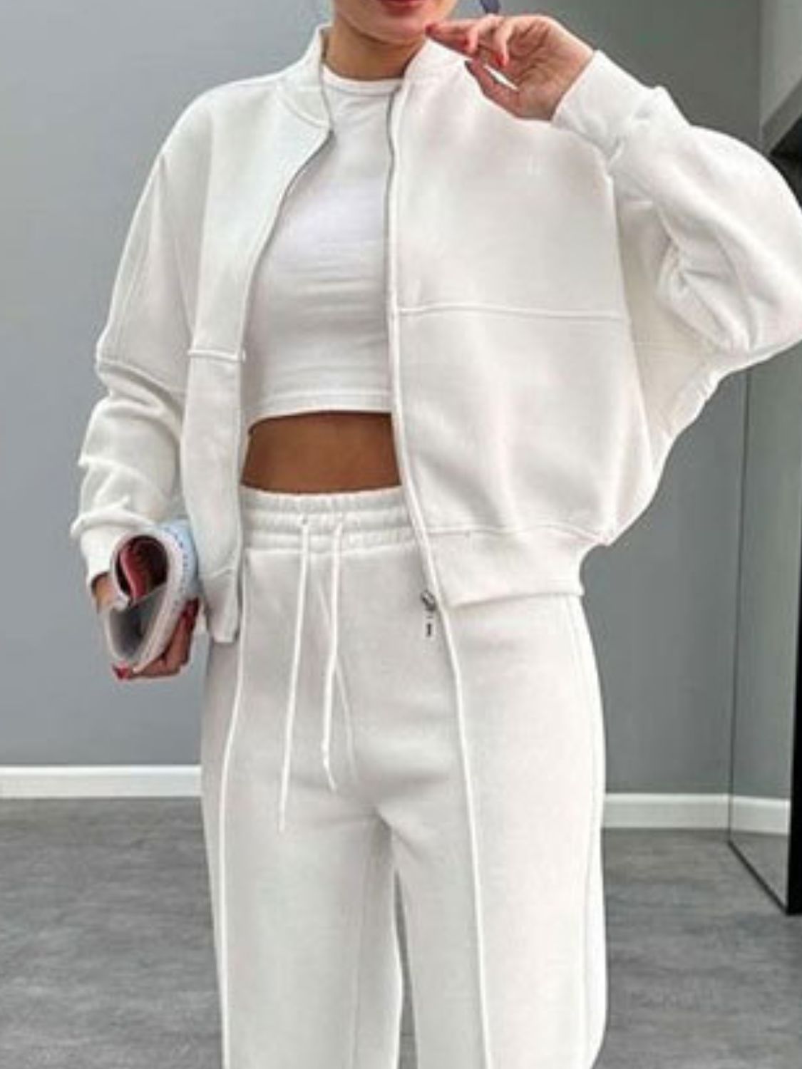 Conjunto de ropa exterior con cuello de béisbol, cremallera y pantalones con cordón