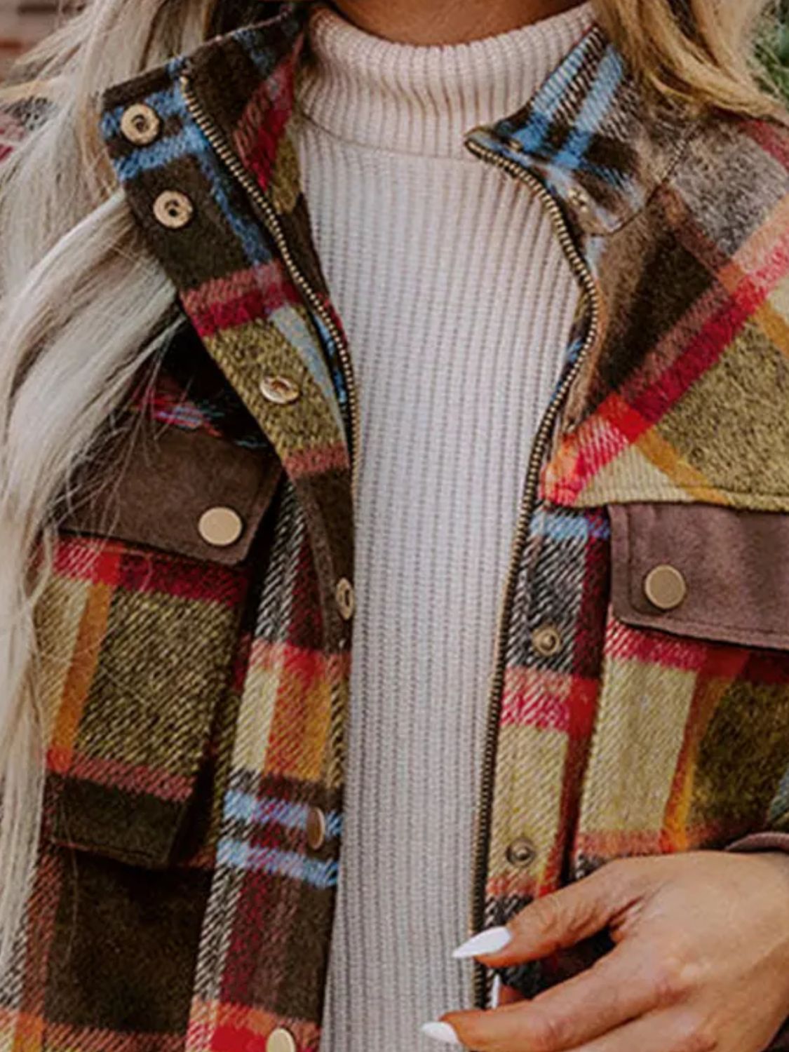 Pocketed Plaid Long Sleeve Jacket - Celeste