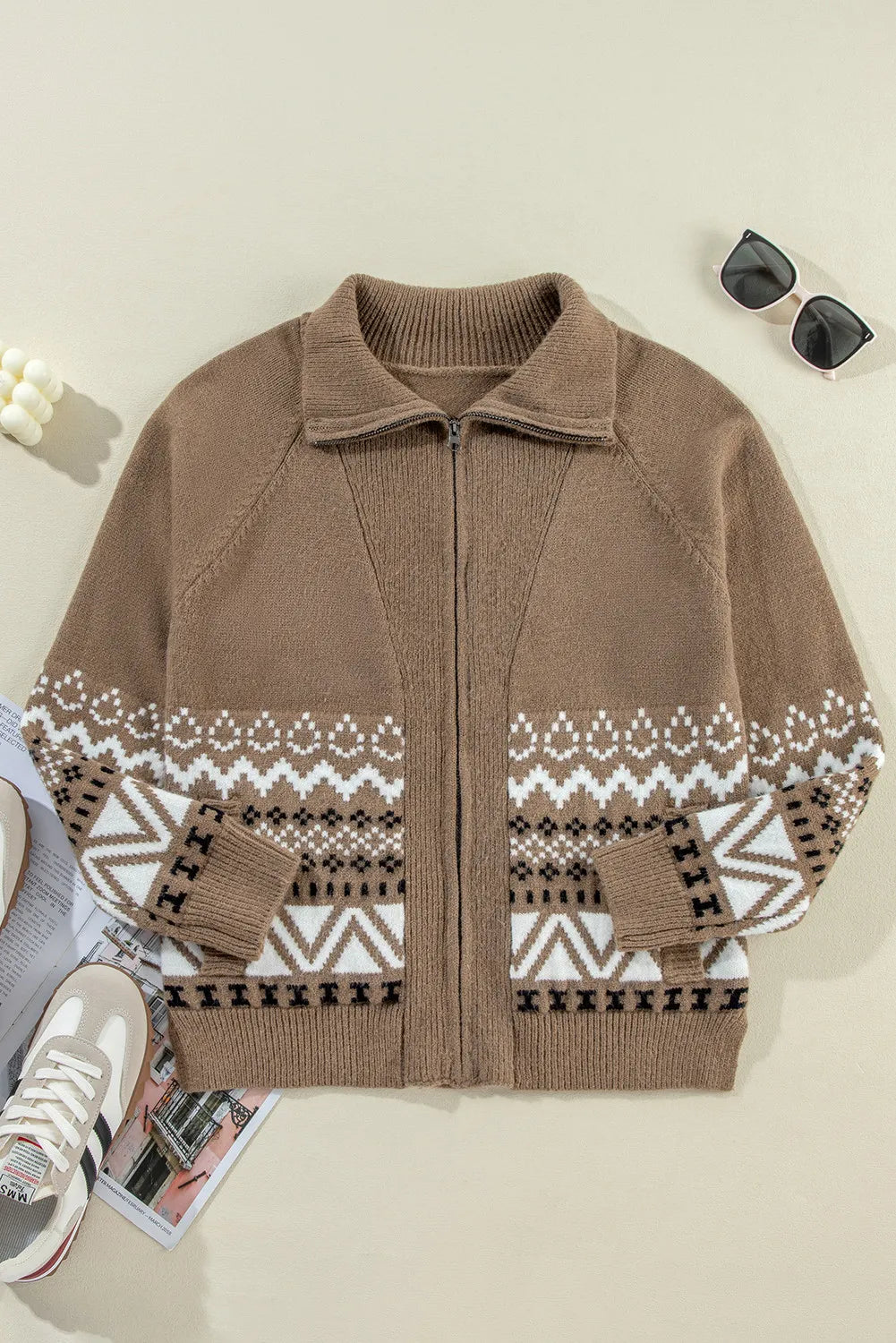 Zip Up Long Sleeve Geometric Cardigan - Celeste