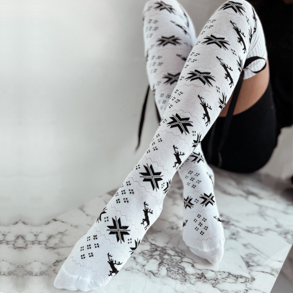 Christmas Element Bowknot Ribbed Trim Over Knee Stockings - Celeste