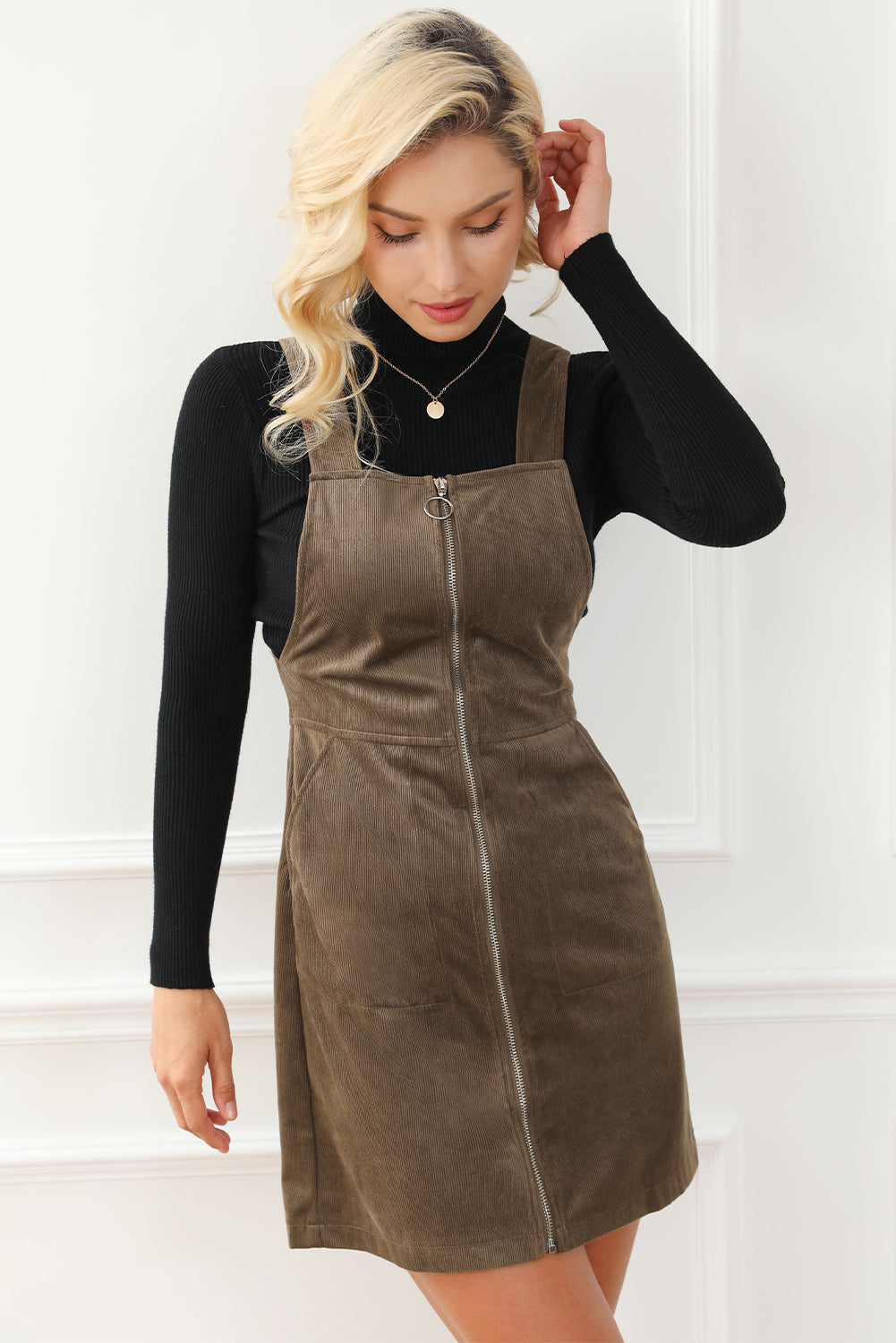 Pocketed Zip Up Wide Strap Mini Dress - Celeste
